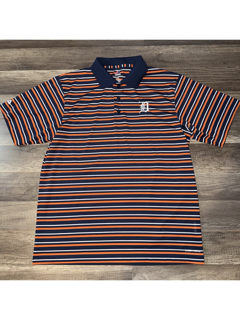 Detroit Tigers MLB Majestic Orange/Blue Striped Polo Shirt Men's LARGE